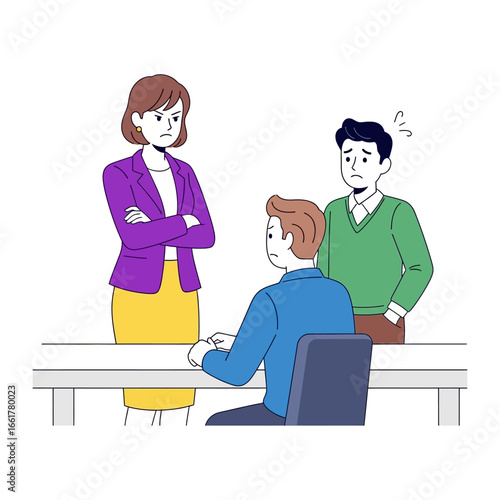 Workplace Confrontation: An illustration captures a tense office setting, with a displeased figure confronting two others.
