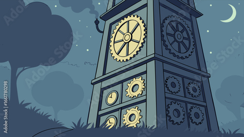 Cartoon clock tower with gears at night vector illustration for steampunk and fantasy art, design
