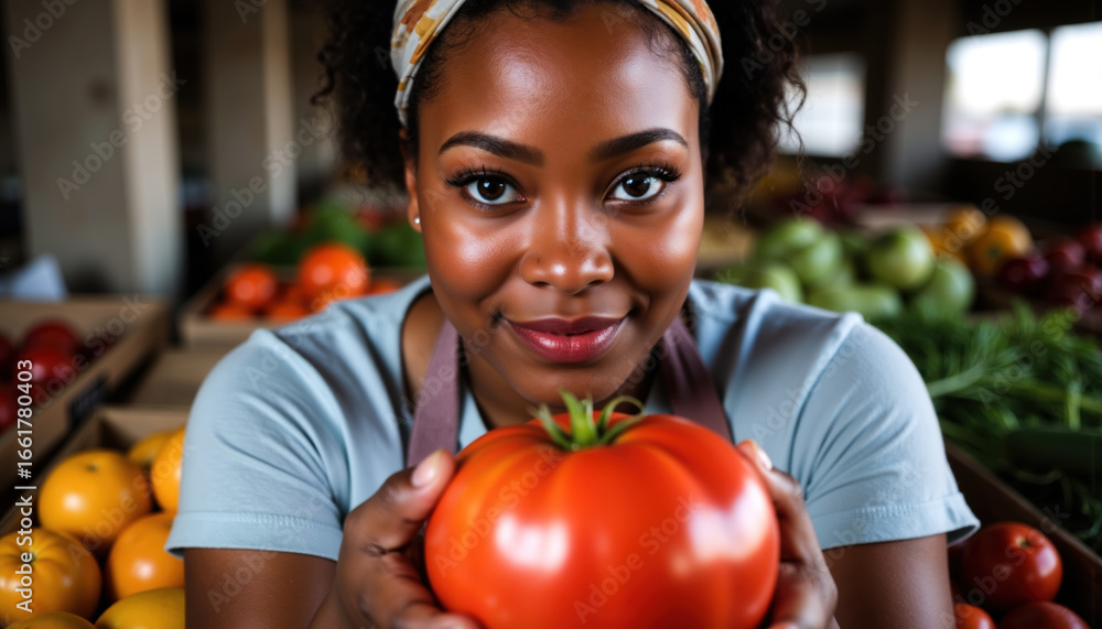 Fototapeta premium A woman with curly hair and a colorful headband, wearing a light blue shirt and a maroon apron, holding a large red tomato at a market stall surrounded by fresh produce.