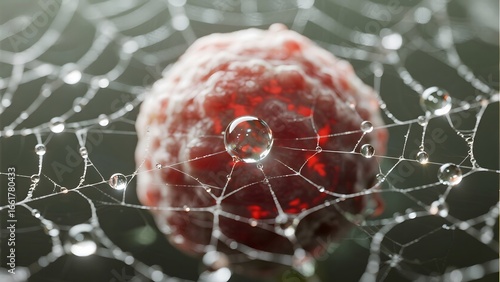 Raspberry Enveloped in Dew-Drenched Spider Web