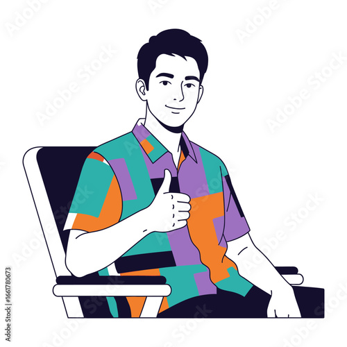 Content Passenger Showing Thumbs Up: An illustrated depiction of a content passenger on a flight gives a thumbs up. Reflecting optimism and endorsement.