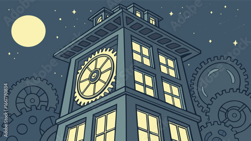 Illustration of steampunk clock tower at night with moon and stars vector art design concept 95