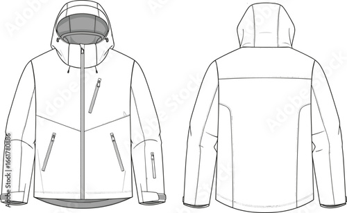 Technical winter jacket front and back view, waterproof ski outerwear design template with hood, zipper pockets, adjustable cuffs, vector illustration