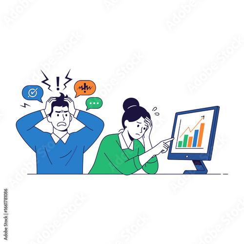 Financial Stress: An illustration showing two professionals confronting the harsh reality of a challenging market, highlighting the mental strain and anxiety. 