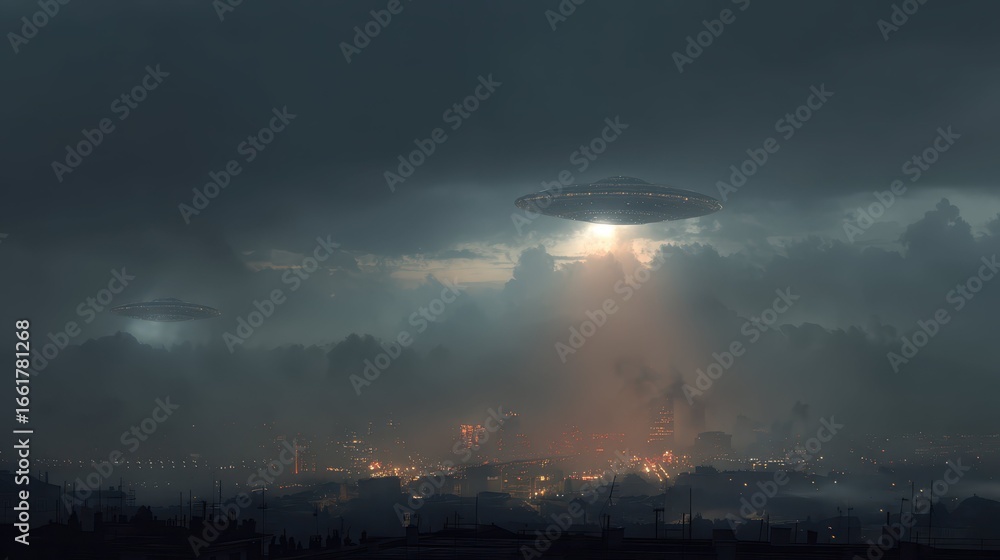Obraz premium Alien UFO Over City Rooftops During Mysterious Night Invasion