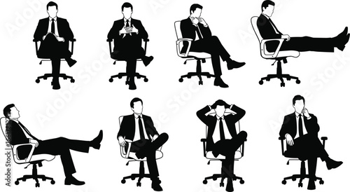 Silhouetted Businessmen Sitting in Office Chairs Displaying Various Professional Postures for Corporate Workplace, Ergonomic Design, and Business Illustration Concepts