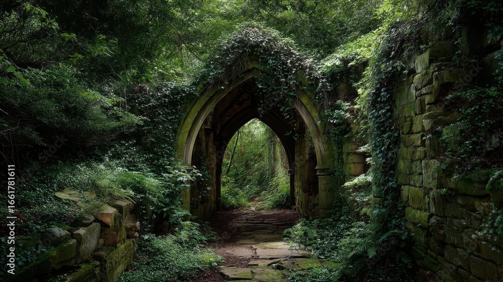 Obraz premium Overgrown Ancient Archway Surrounded by Lush Greenery and Thorns