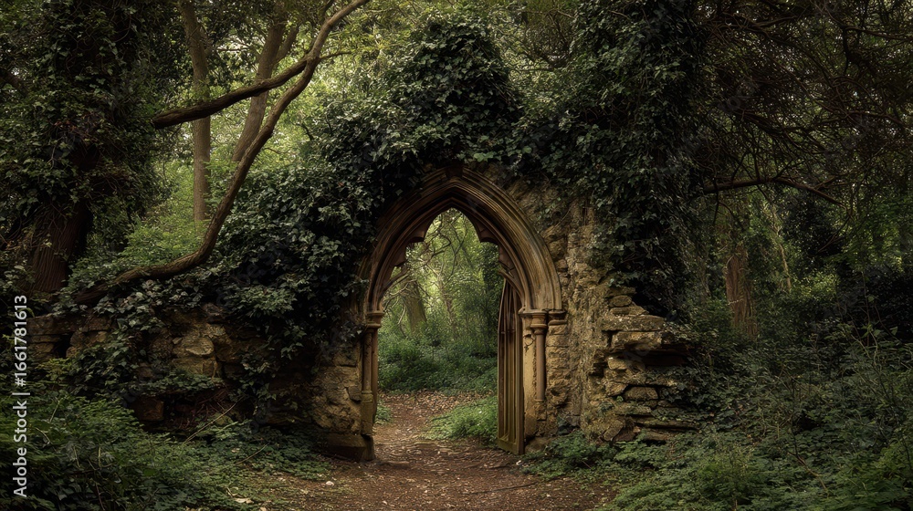 Fototapeta premium Overgrown Ancient Archway Surrounded by Thorny Wilderness