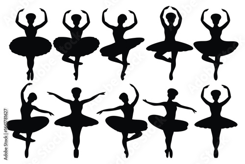 Ballet dancers gracefully posed silhouettes set isolated flat vector illustration on white background