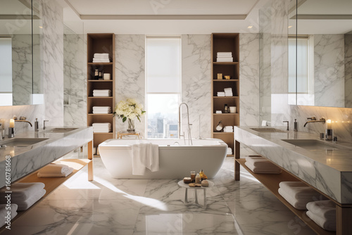The bathroom is decorated with modern, luxurious bright white marble.