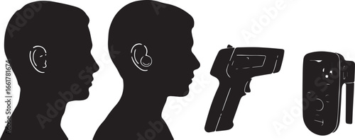 Black silhouettes of heads and thermometers profile