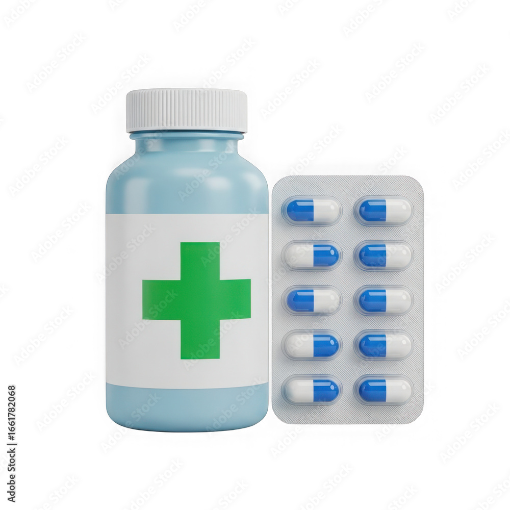 Light blue medicine bottle with green cross symbol and blister pack of blue and white capsules isolated on transparent background Light blue medicine bottle with green cross symbol and blister pack of blue and white capsules isolated on transparent background