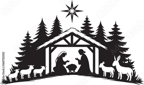 Nativity Scene with Star of Bethlehem and Animals Silhouette