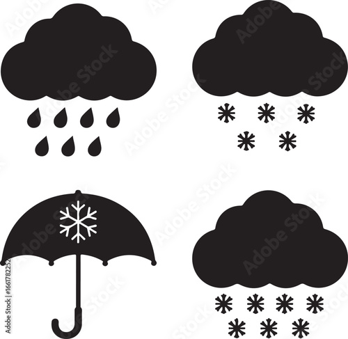 Black weather icons rain snow umbrella cloud
