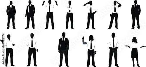 Silhouetted Business Professionals in Formal Attire Posing for Corporate Presentation, Marketing Design, Office Communication, and Team Collaboration Concepts