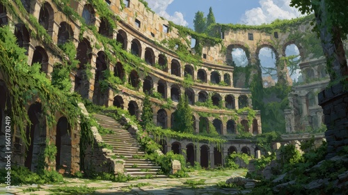 Ancient Coliseum Overgrown with Vines and Surrounded by Broken Stone