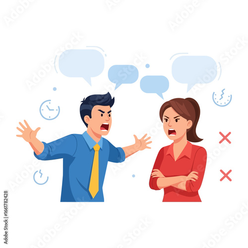 Conflict Resolution: Animated characters are caught in a heated disagreement, with dialogue bubbles and visual cues representing the intensity of the moment.