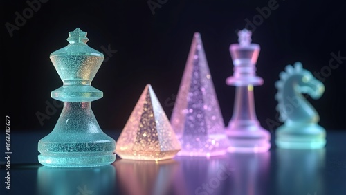 Abstract Prismatic Chess Pieces in a Spectrum of Light, Reflecting Brilliance on a Dark Surface, Capturing Strategy and Elegance with a Modern Aesthetic