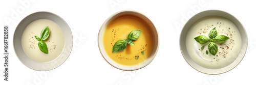 Three bowls of creamy soup with fresh basil leaves on white background. Set     
