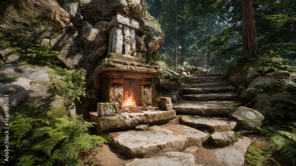 Obraz premium Ancient Mountain Shrine with Fire Altar Surrounded by Lush Forest