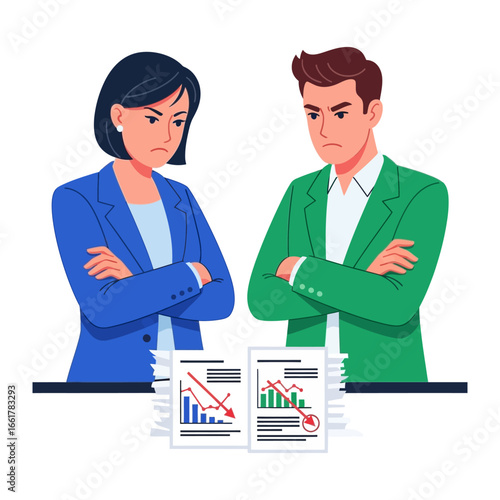 Conflict Analysis: A tense business scenario featuring two individuals confronting each other, their arms crossed, and examining financial reports, showcasing tension, disagreement.