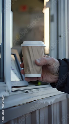 Hand gratefully receives steaming hot coffee from drive-thru window on a crisp, frigid winter morning, a moment of warmth and comfort.