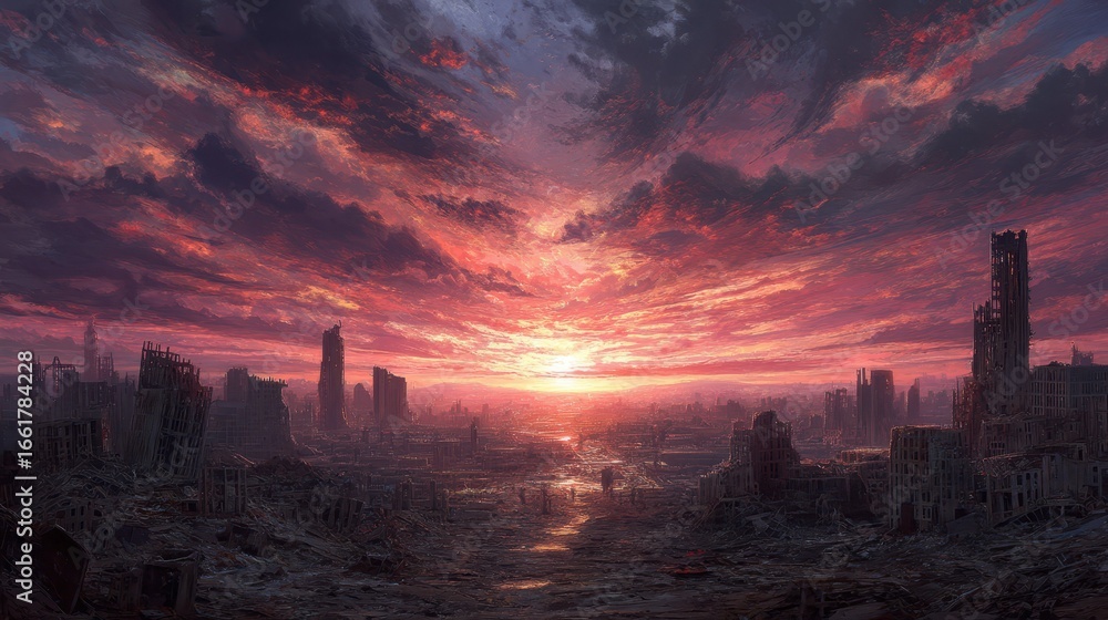 Naklejka premium Apocalyptic Sunset Over a Destroyed Metropolis Landscape