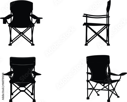 Folding camping chair silhouette, portable outdoor seat vector, black chair icon set, collapsible picnic furniture design, travel seating illustration