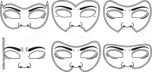 Diverse theatrical masks with expressive eyes and noses