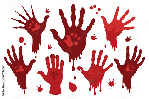  Bloodied hands and splatters set isolated flat vector illustration white background