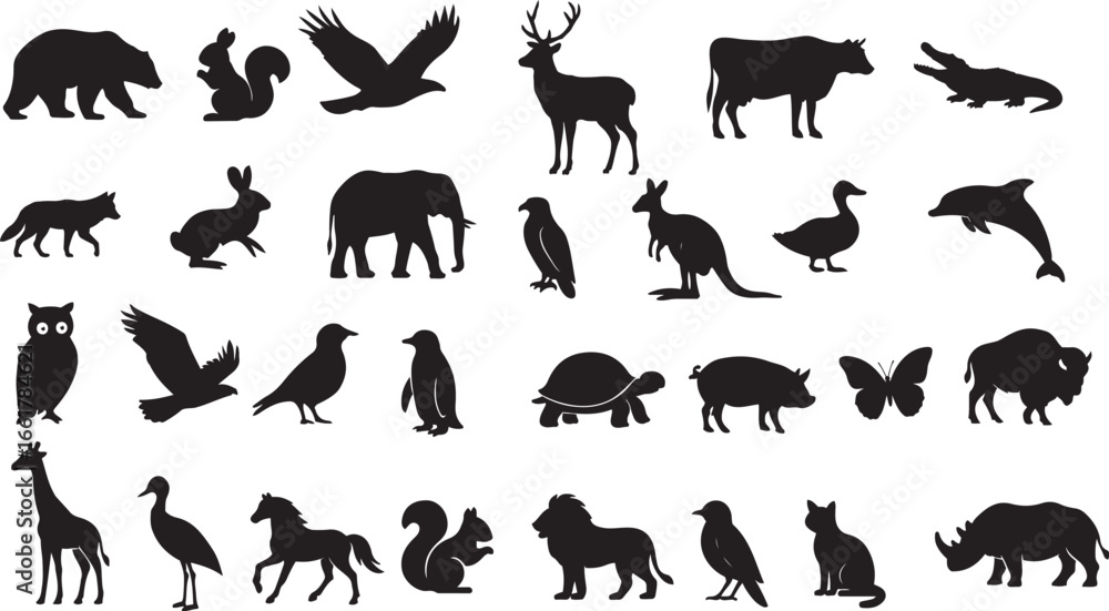 Obraz premium Collection of diverse animal silhouettes in black and white