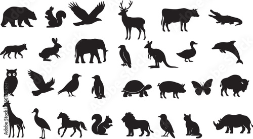 Collection of diverse animal silhouettes in black and white