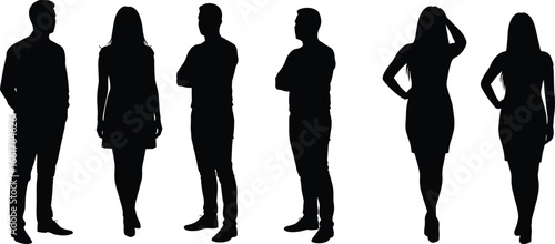Silhouette of men and women standing, people group illustration, human figures in casual pose, teamwork concept, shadow design, professional vector