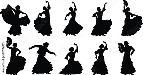 Elegant Flamenco Dancer Silhouettes in Dramatic Poses with Flowing Dresses and Fans for Spanish Cultural Vector Illustration and Stock Design Use