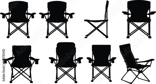 Set of folding camping chairs silhouette, portable outdoor seating vector, black travel chair icons, collapsible picnic furniture design illustration