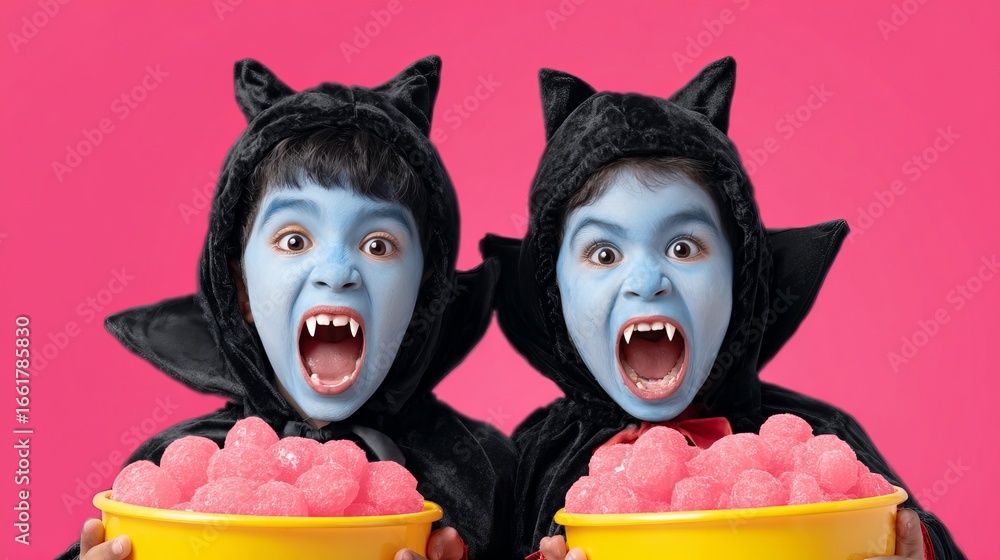 Spooky halloween festival children in vampire costumes trick or treating gigantic setting fun environment playful viewpoint Spooky halloween festival children in vampire costumes trick or treating gigantic setting fun environment playful viewpoint