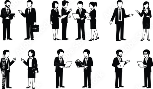 Business Professionals in Office Environment Engaged in Teamwork, Communication, Presentation, and Collaboration for Corporate Vector Illustration and Stock Content SEO