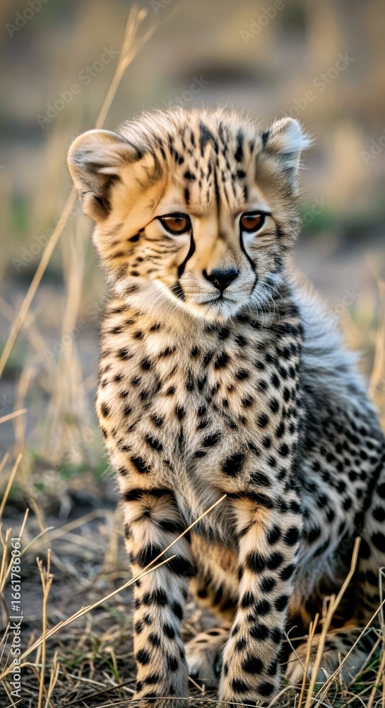 Fototapeta premium Alert cheetah cub with dramatic low-key lighting, golden spiral composition.