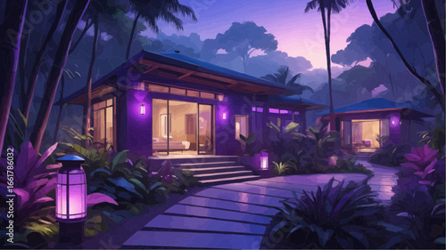 Contemporary tropical resort bungalow at twilight