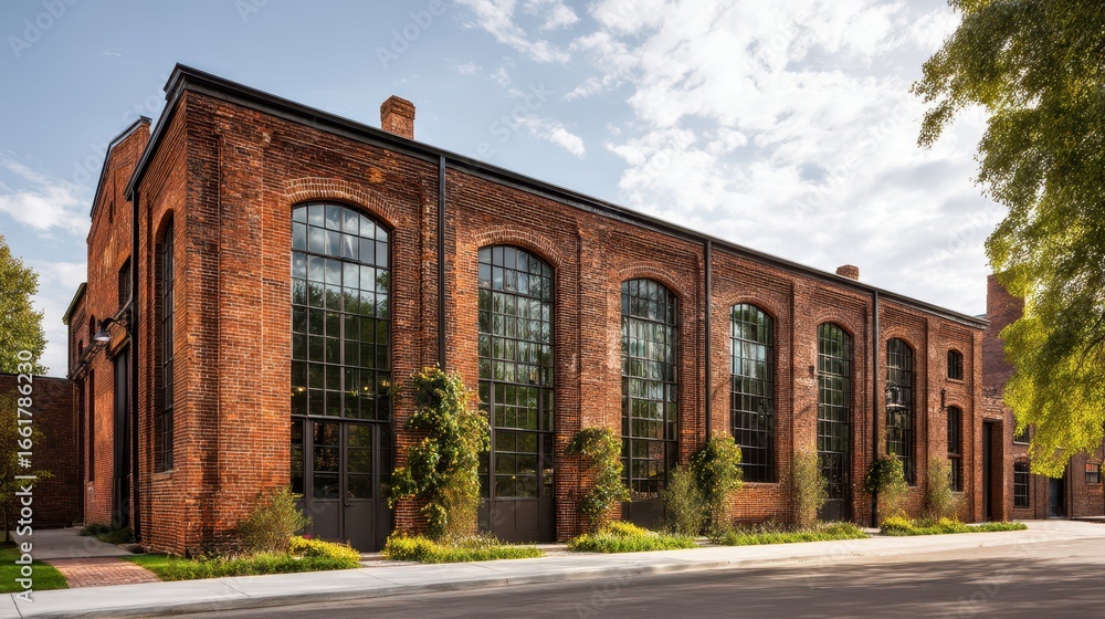 Fototapeta premium Industrial Brick Building with Tall Windows Under Clear Sky