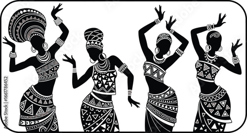 African Tribal Dancer Silhouettes in Traditional Costumes with Expressive Poses for Cultural Vector Illustration, Ethnic Design, and Stock Content Use