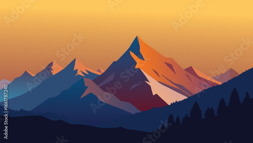  Breathtaking view of a rugged mountain range under a sky, flat vector illustration.
