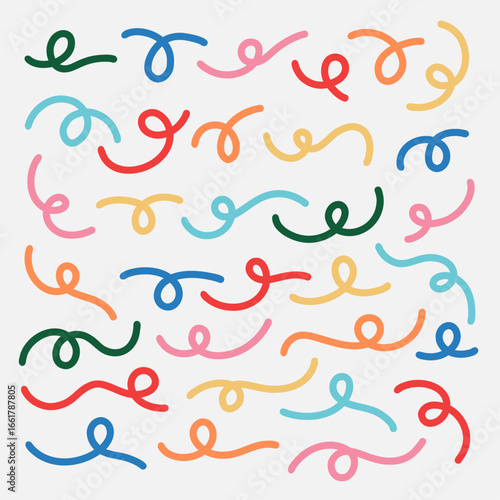 Set of  Hand Drawn Swirl Line Shapes. Colorful Wavy  Geometric Vector Figures. Bold and Thin Forms. Playful Graphic Design Elements for Poster Backgrounds
