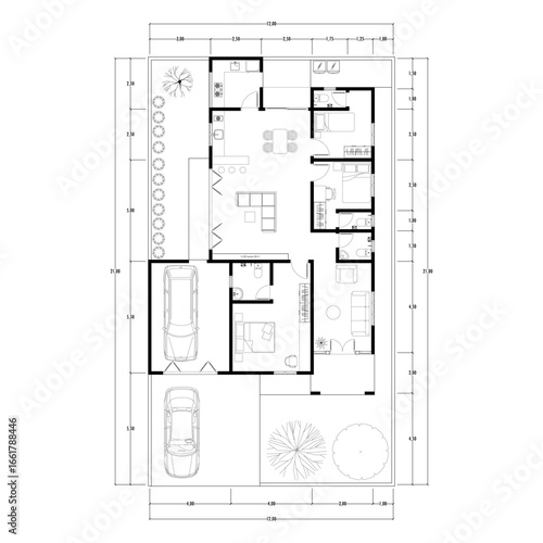 Black and White floor plan of a modern unfurnished house for your design. Suburban house vector blueprint. Architectural background.	