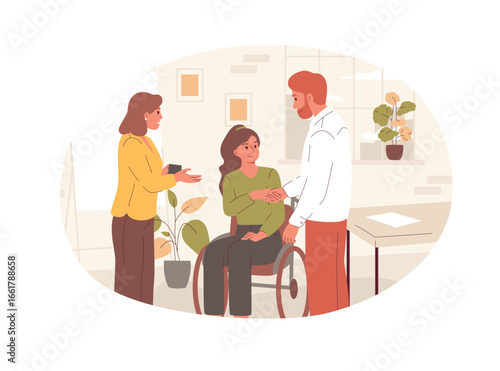A woman in a wheelchair is warmly welcomed by her colleagues in a friendly office. This vector illustration symbolizes a positive, inclusive workplace where everyone contributes as equals