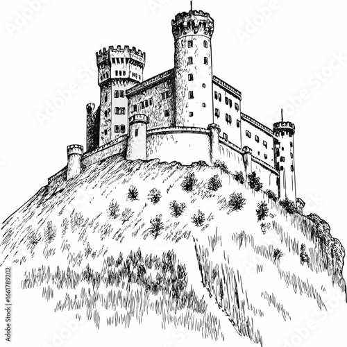 A medieval castle sitting atop a hill with towers and battlements
