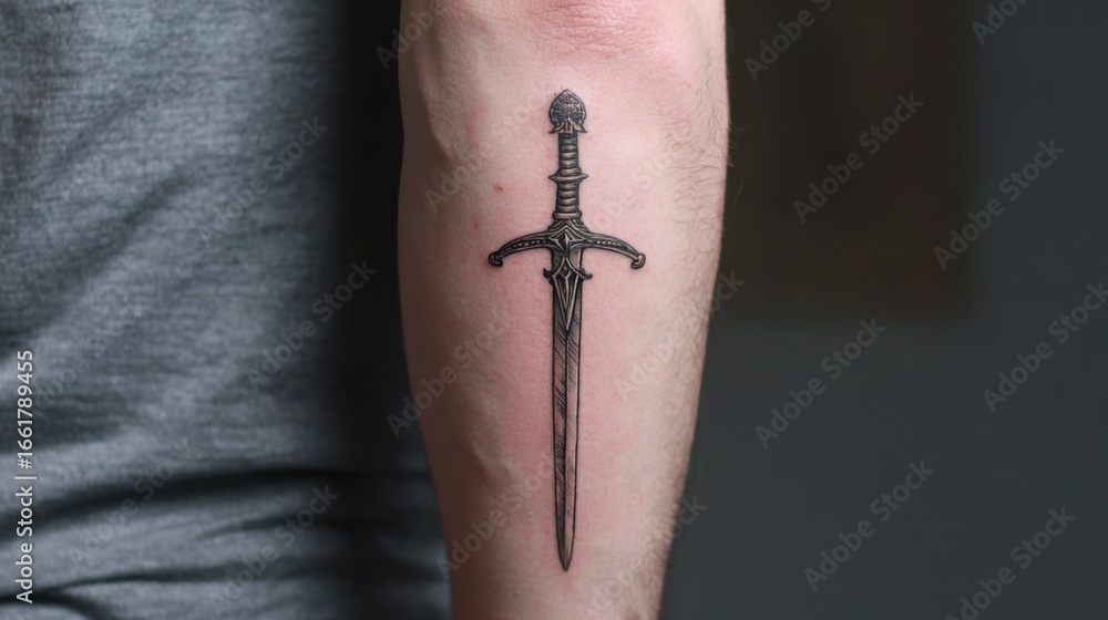 Obraz premium Detailed tattoo of a medieval sword inked on a person's forearm, showcasing intricate design.