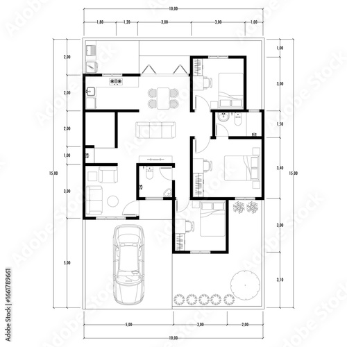 Black and White floor plan of a modern unfurnished house for your design. Suburban house vector blueprint. Architectural background.	