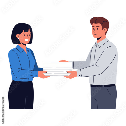 Shared Documentation: A professional scene where two figures exchange a stack of important documents, symbolizing collaboration and the seamless exchange of information.