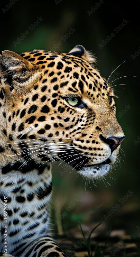Fototapeta premium Professional photorealistic low-key profile portrait of a vigilant leopard.